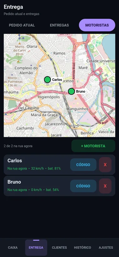 Aba Motoristas com o mapa mostrando Carlos e Bruno na rua, velocidade e bateria de cada um.
