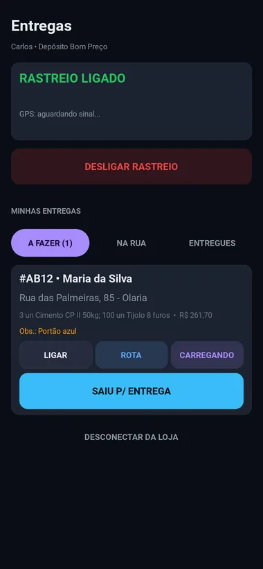 Celular do motorista com a entrega da Maria da Silva, endereço, itens e os botões Ligar, Rota e Saiu para entrega.