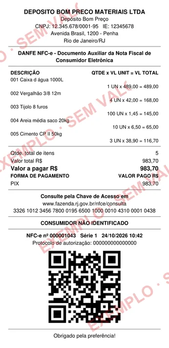 Exemplo de NFC-e em PDF emitida pelo VendaPro, com itens, total, chave de acesso e QR Code.