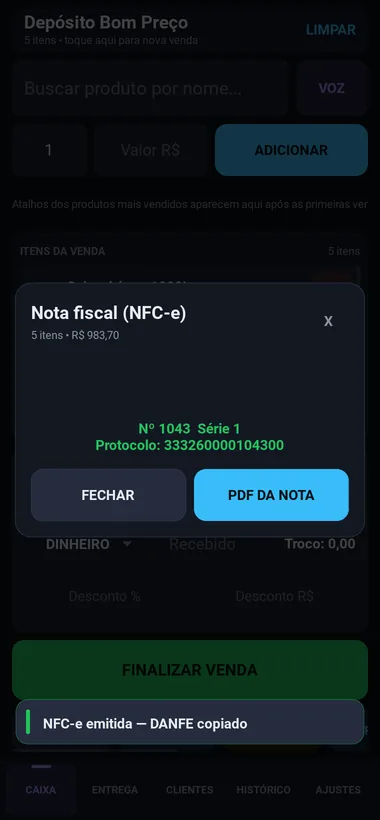 Janela da nota fiscal autorizada com número, série, protocolo e o botão PDF da nota.