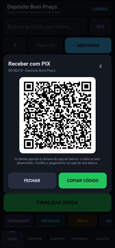 Tela Receber com PIX com o QR Code de R$ 983,70 para o cliente apontar a câmera do banco.